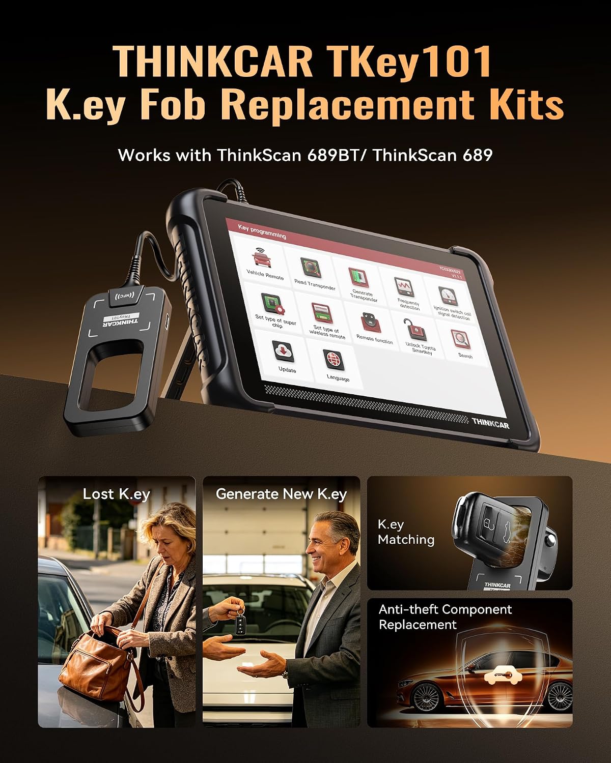 THINKCAR TKEY101 Key Fob Replacement Kits for Vehicles Keyless Entry Remote Control with 3 Button Keypads, OE Quality, Work with THINKSCAN 689, THINKSCAN 689BT Scan Tool