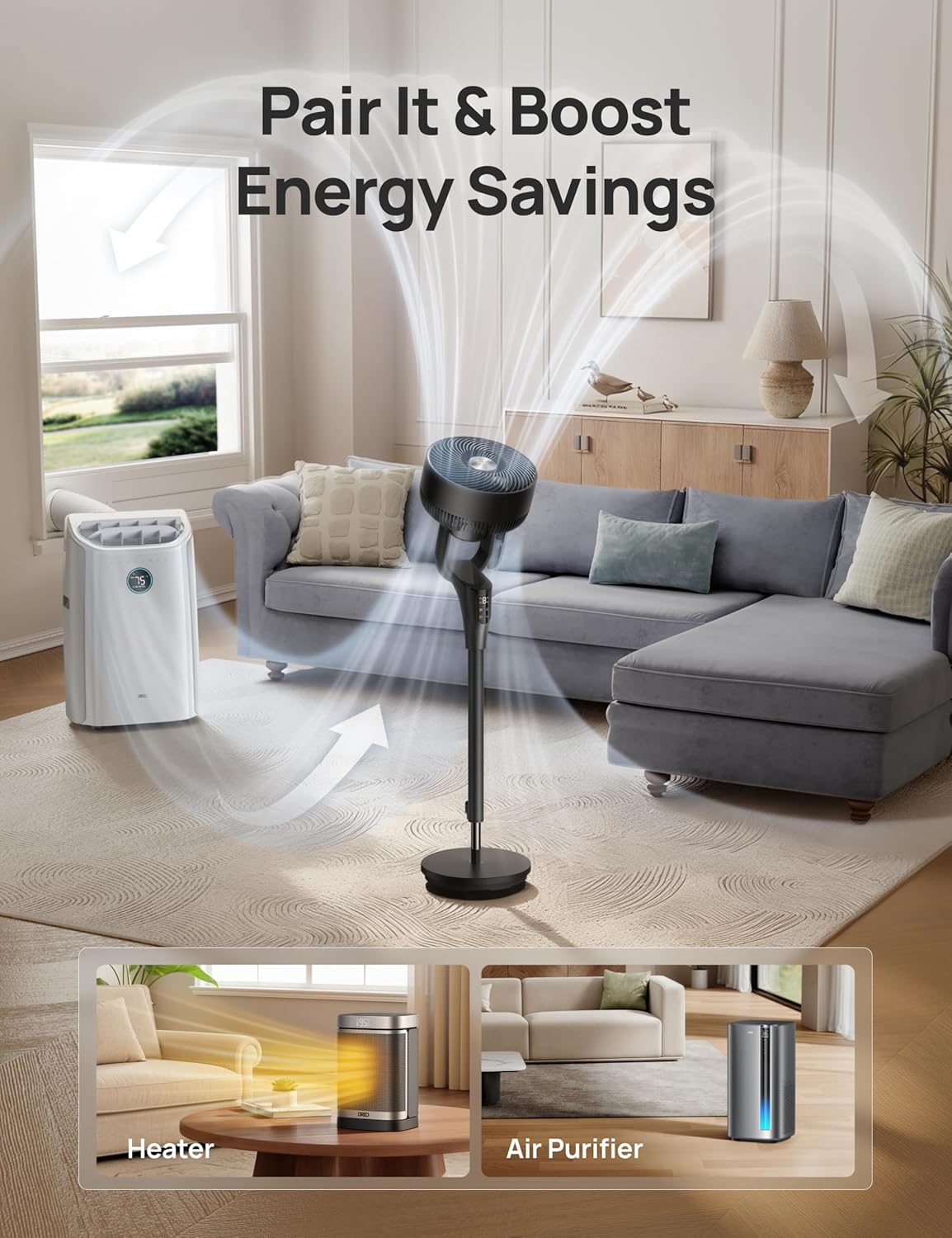 DREO Fan for Bedroom, 2026 Upgraded, 90ft Airflow, Quiet Fan, 90° Oscillating Standing Fan for Whole Room, DC Motor, 8+H Speeds, 3 Modes, 38-42'' Adjustable Height, 8H Timer, 105° Manual Vertical
