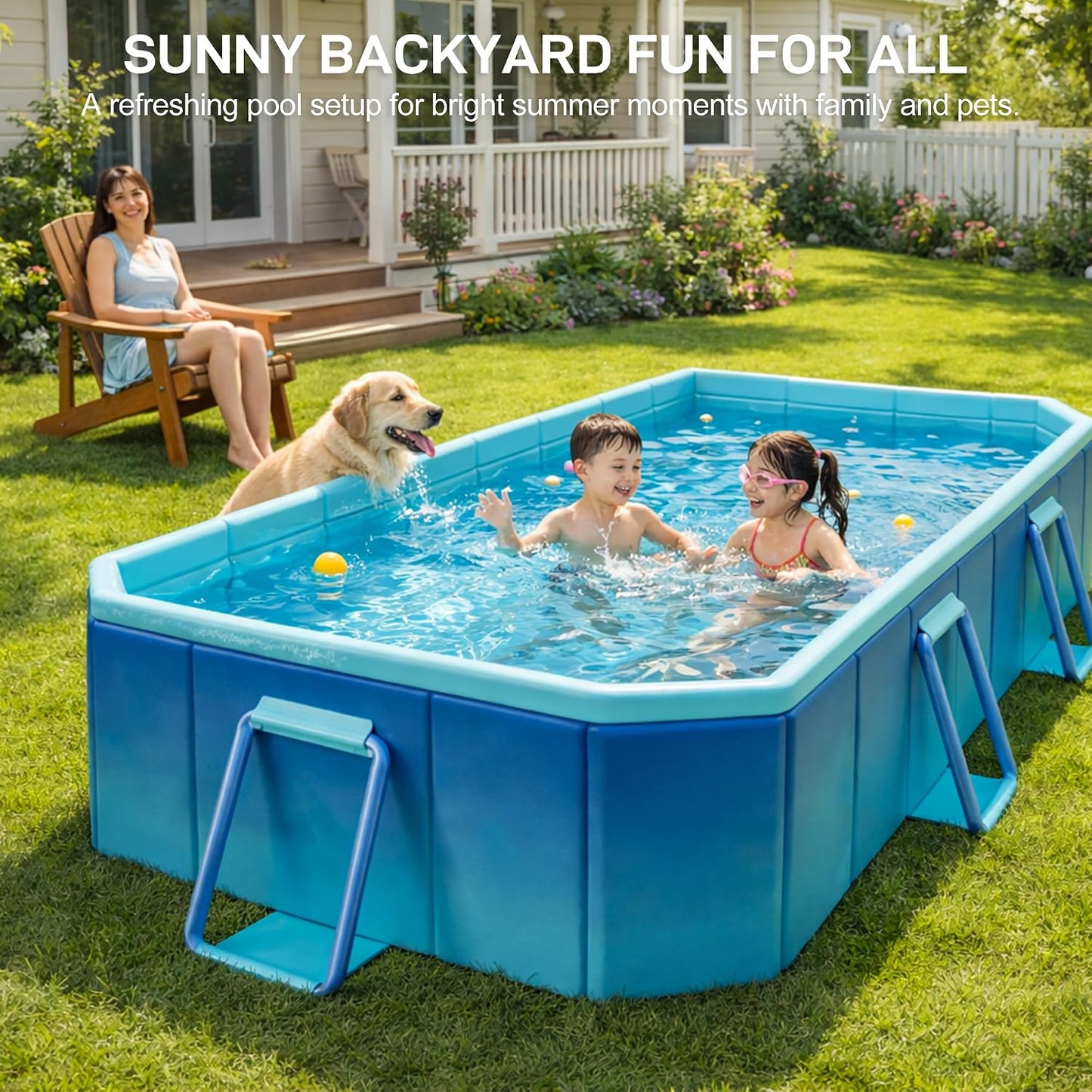 Foldable Swimming Pool, Non-Inflatable 116" x 65" x 20", Large Rectangular Above Ground Pool with 3 Drain Outlets, Portable Family Pool for Backyard & Garden, Blue