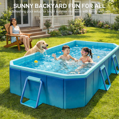 Foldable Swimming Pool, Non-Inflatable 116" x 65" x 20", Large Rectangular Above Ground Pool with 3 Drain Outlets, Portable Family Pool for Backyard & Garden, Blue