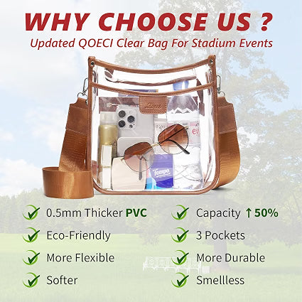 QOECI Clear Stadium Crossbody Bag, Stadium Approved Transparent Purse with 2 Adjustable Straps, 3-Pocket Clear Concert Bag for Sports Events, Brown