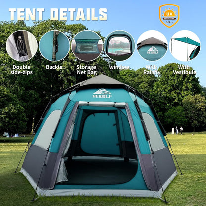 HEWOLF 2-4 Person Camping Tent, Instant Pop-Up Waterproof 2-Door 3-Season Hexagonal Dome Tent with Rainfly, Spacious Family Tent for Camping, Hiking & Travel, New Blue