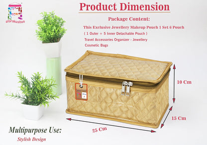 atorakushon Set of 5 Satin Makeup & Jewelry Pouches, Cosmetic Necklace & Earring Organizer, Lightweight Waterproof Vanity Storage Bag for Women, Gold