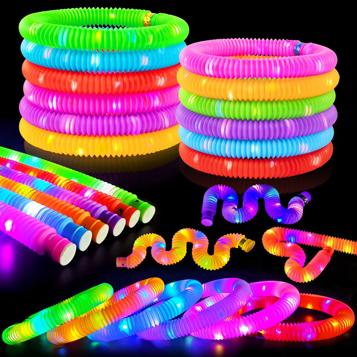 Kannove 48-Piece LED Glow Sticks for Kids, Light-Up Pop Tubes with Bracelet, Necklace & Crown Connectors, Multi-Color Halloween Party Favors, Goodie Bag Stuffers