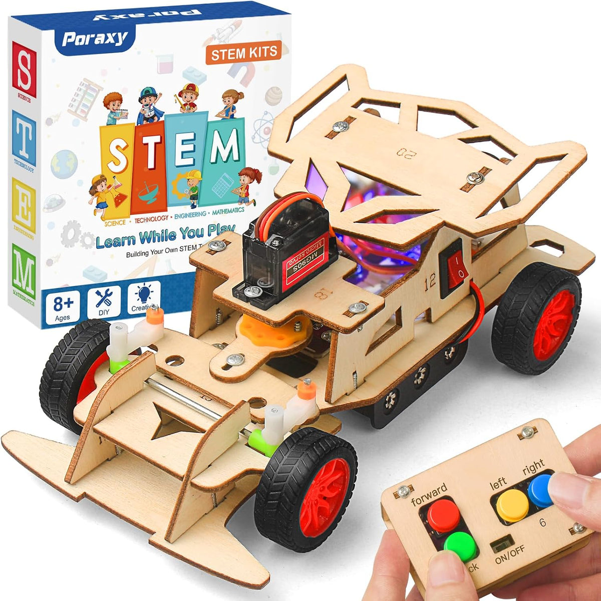 Poraxy STEM Kits for Kids Ages 8-13, Remote Control Car Building Kit with Wooden 3D Puzzle, 4WD Model Car Science Project Toy for Boys & Girls