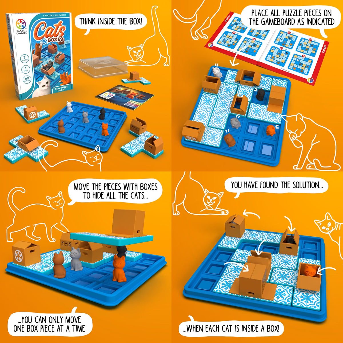 SmartGames Cats & Boxes Travel Puzzle Game, 60 Challenges for Ages 7 to Adult, Portable Logic Brain Game for Planning, Problem Solving & Spatial Thinking