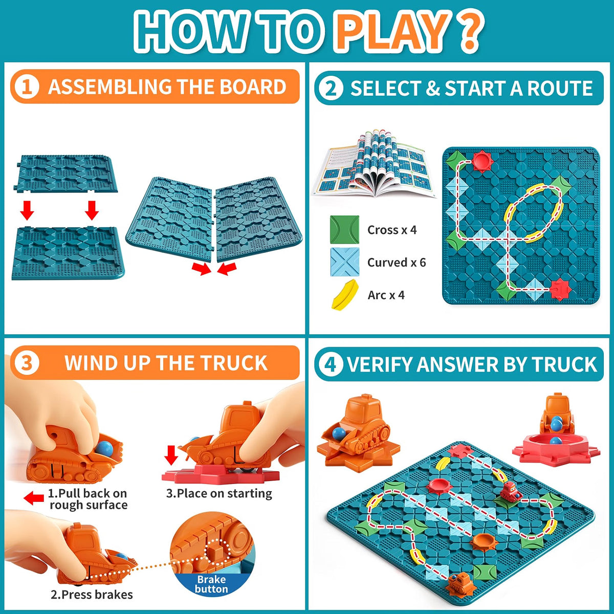 burgkidz STEM Logical Road Builder Board Game, Large 22.05" x 22.05" Maze Puzzle with 200+ Challenges, 3 Game Modes, Pull-Back Cars & Marbles, Educational Toy for Kids Ages 4-8