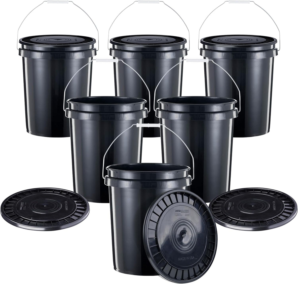 United Solutions 5-Gallon Heavy-Duty Buckets with Snap-On Lids, 6-Pack – BPA-Free, Food-Grade Plastic, Multi-Purpose Storage for Home, DIY, and Job Sites – Black