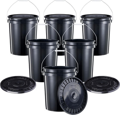 United Solutions 5-Gallon Heavy-Duty Buckets with Snap-On Lids, 6-Pack – BPA-Free, Food-Grade Plastic, Multi-Purpose Storage for Home, DIY, and Job Sites – Black