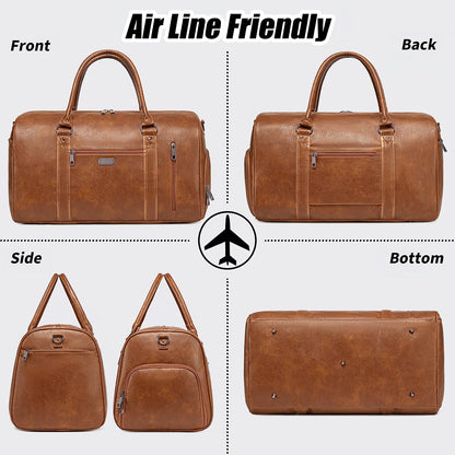 HyperionFlo Essentials Large Travel Duffel Bag for Women & Men, Waterproof Faux Leather Weekender Bag with Shoe Compartment, Toiletry Bag & Luggage Sleeve, Brown