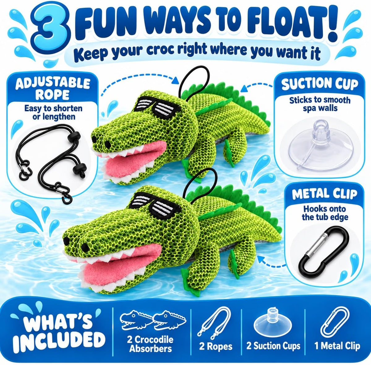 Crocodile Hot Tub Scum Absorber, 2-Pack Reusable Washable Spa Sponge for Oil & Scum Removal, Floating Hot Tub Pool Cleaner with Suction Cup & Rope, Cute Crocodile Design