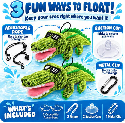 Crocodile Hot Tub Scum Absorber, 2-Pack Reusable Washable Spa Sponge for Oil & Scum Removal, Floating Hot Tub Pool Cleaner with Suction Cup & Rope, Cute Crocodile Design