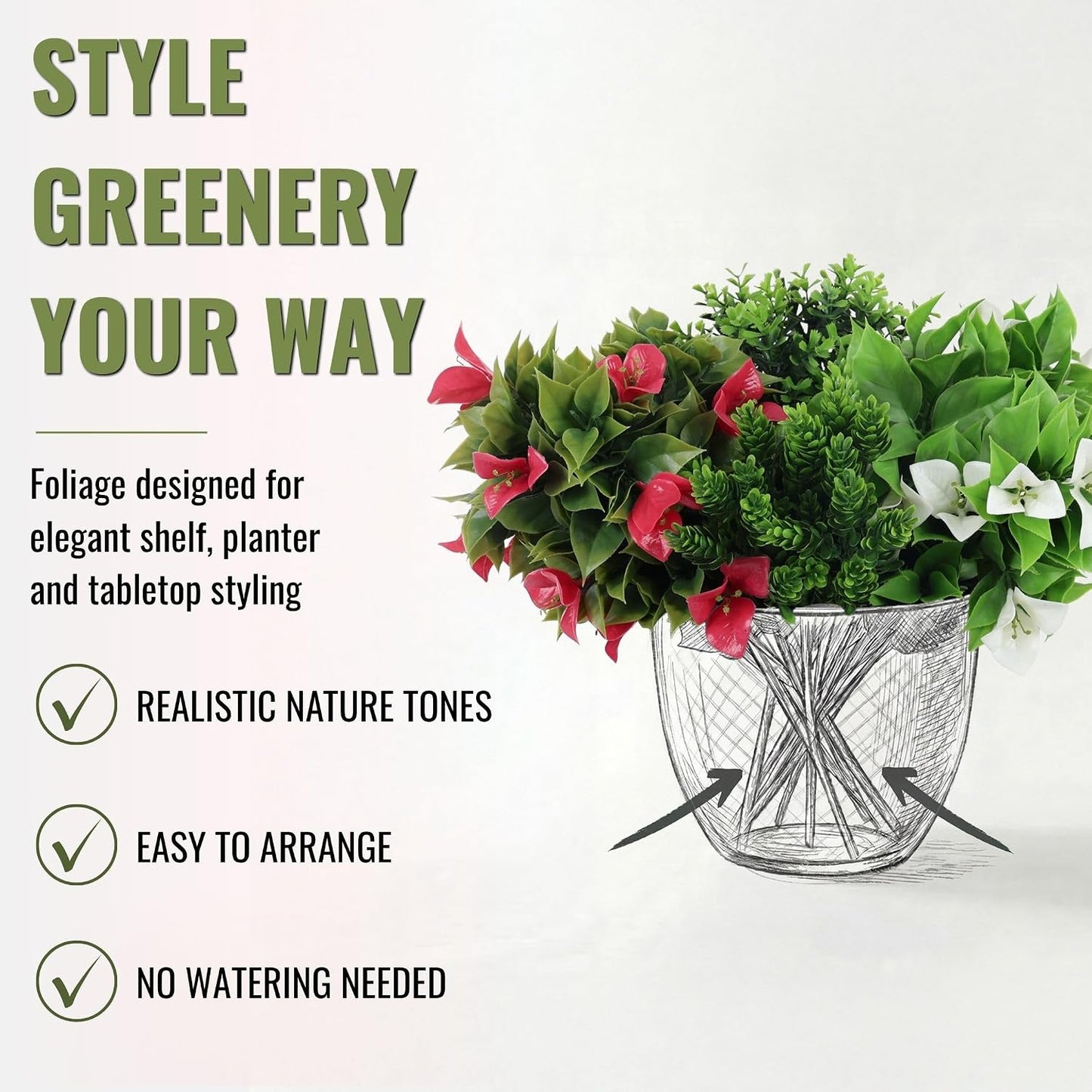 DECKO Artificial Plants - Fake Plants & Flowers Indoor and Outdoor - UV Resistant Hanging Plants for Living Room, Balcony, Patio, Kitchen etc - Faux Greenery - Senna Collection (2 Sets of 3 Cascades)