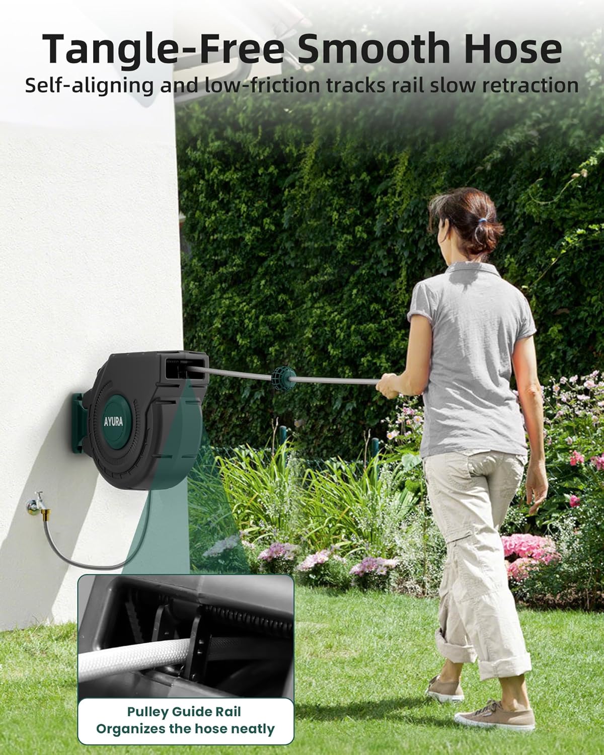 Retractable Garden Hose Reel 1/2 Inch x 100 ft,Automatic Slow Rewind System Heavy Duty Automatic Garden Hose Reels with Kink-Free Rewind and Lock at Any Length, Wall Mount Water Hose Reel for Outside