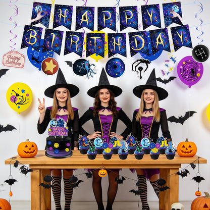 tetcuican 40-Piece Horror Birthday Party Decorations, Blue & Purple Gothic Theme Set with Banner, Balloons, Backdrop, Hanging Swirls, Cake & Cupcake Toppers