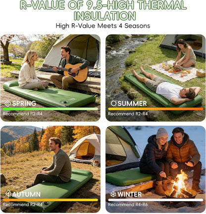 Memory Foam Camping Sleeping Pad, Foldable and Portable Self-Inflating Camping Mattress Pad, 9.5 R-Value Insulated & Quiet Sleeping Mat with Pillow, Compact for Backpacking Hiking Car Traveling Tent