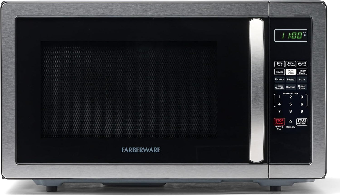 Farberware 1.1 Cu. Ft. Countertop Microwave Oven – 1000 Watts Power, Auto Cook Settings, Defrost, Easy Clean and Child Safety Lock - Stainless