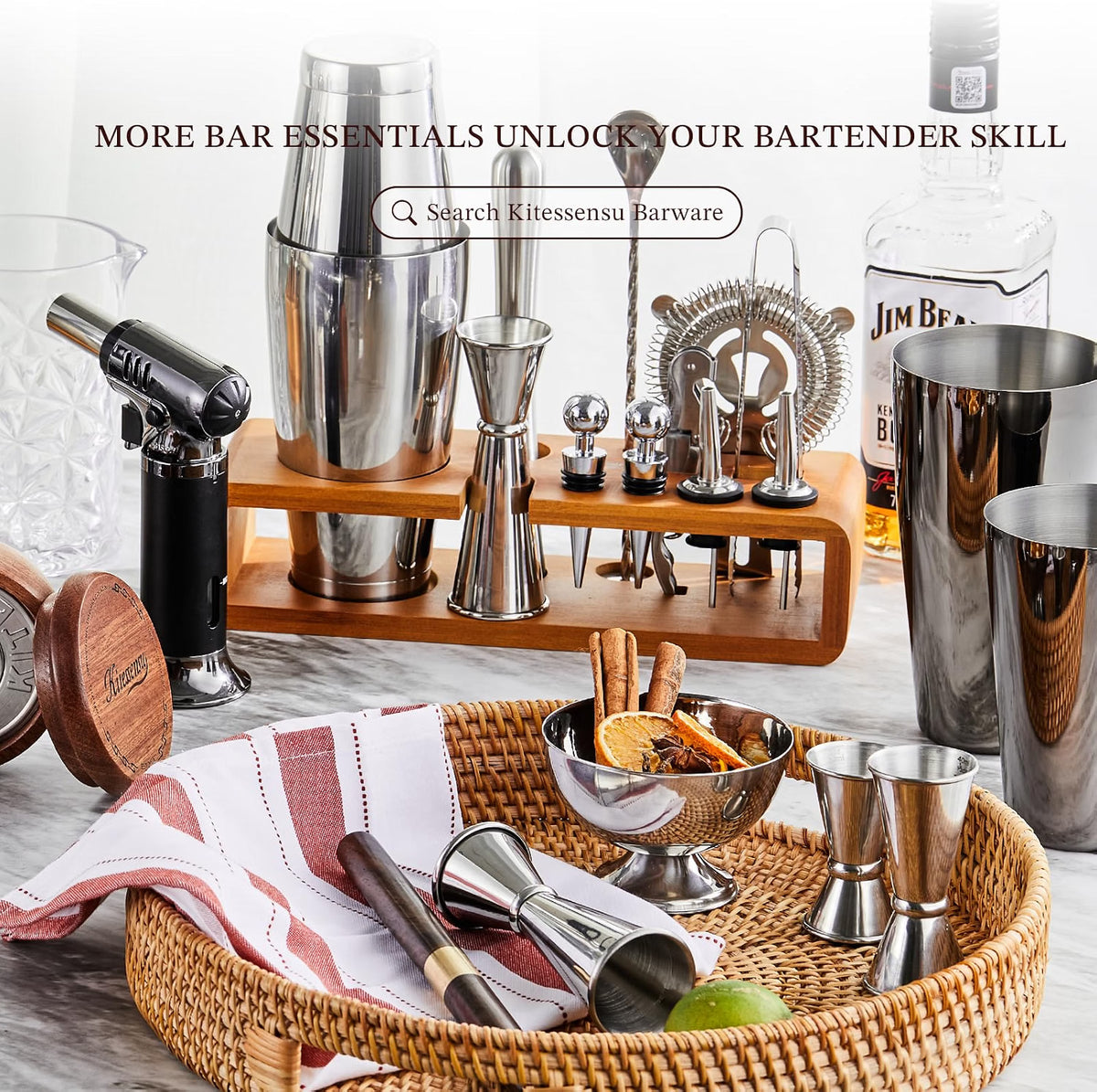 KITESSENSU Cocktail Shaker Set with Stand, 15-Piece Stainless Steel Bartender Kit, 25oz/750ml Martini Shaker with Jigger, Strainer, Spoon & Muddler, Silver