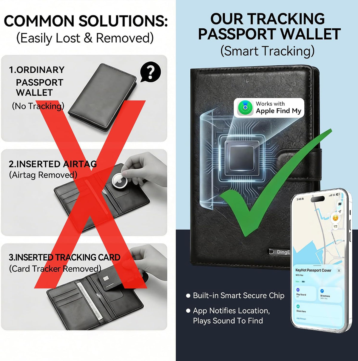 Trackable Passport Holder for Travel, RFID Blocking Wallet, Black Premium Pebbled PU Leather Cover, Works with Apple Find My, Is MFi Certified, for iOS Devices Only, with Card Slots & Lanyard