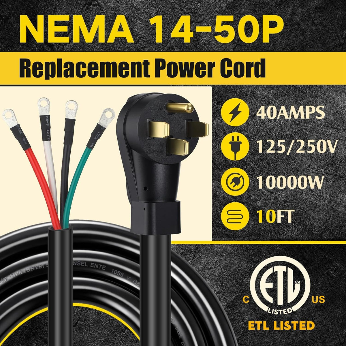 Kanayu 10FT 40 Amp 4 Prong Replacement Range Power Cord NEMA 14-50p to 4-Wire, Compatible with EV Plug/J1772 Connector, 8/2+10/2 AWG SDRT, Etl Listed