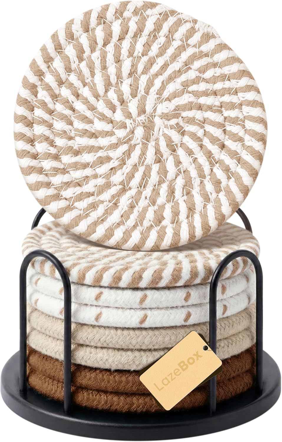 Lazebox Coasters Set of 8, 4-Inch Round Cotton Drink Coasters with Holder, Coffee