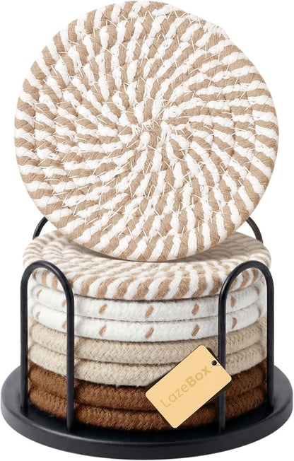 Lazebox Coasters Set of 8, 4-Inch Round Cotton Drink Coasters with Holder, Coffee