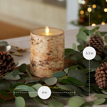 Luminara Real Birch Bark Wrapped Flameless LED Candle, 4" x 5.3", Battery Operated Moving Flame Pillar Light with Timer - Natural Decor Unscented