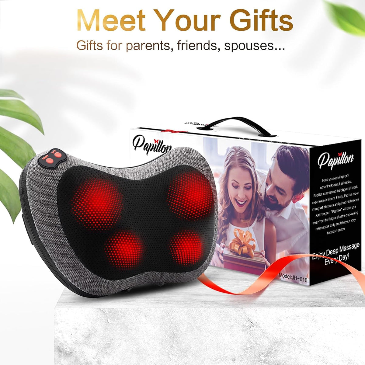 Papillon Back Massager with Heat, Shiatsu Massage Pillow, 3D Deep Tissue Kneading for Neck, Shoulder, Back, Legs & Feet, Gray