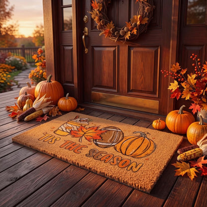 Tinideya Fall Football Door Mat, 29 x 17 Inch Outdoor Welcome Mat with Fall Leaves, Pumpkin & Football Design, Non-Slip PVC Backing, Brown