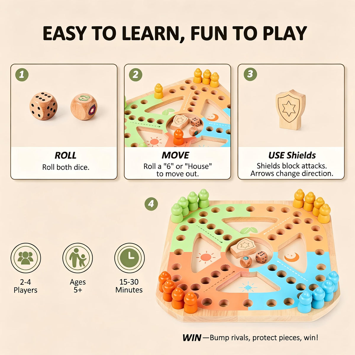 Greek Science Wooden Race and Bump Board Game for Kids 5+, Classic Dice-Based Racing Game for 2–4 Players, Rubberwood Family Strategy Game with Wooden Pieces