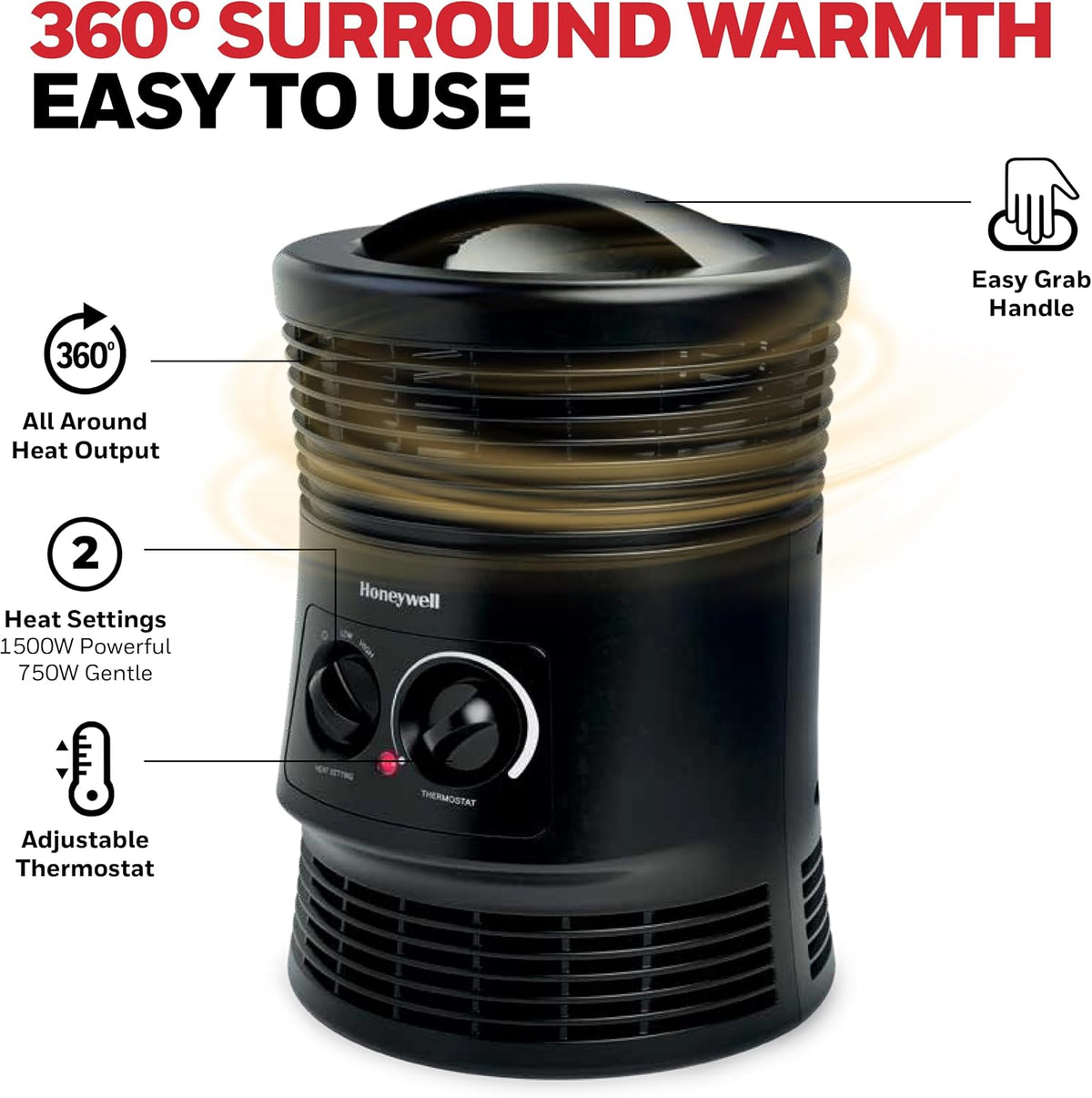 Honeywell HHF360V 360 Degree Surround Fan Forced Heater with Surround Heat Output Charcoal Grey Energy Efficient Portable Heater with Adjustable Thermostat & 2 Heat Settings, Small