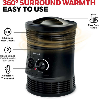 Honeywell HHF360V 360 Degree Surround Fan Forced Heater with Surround Heat Output Charcoal Grey Energy Efficient Portable Heater with Adjustable Thermostat & 2 Heat Settings, Small