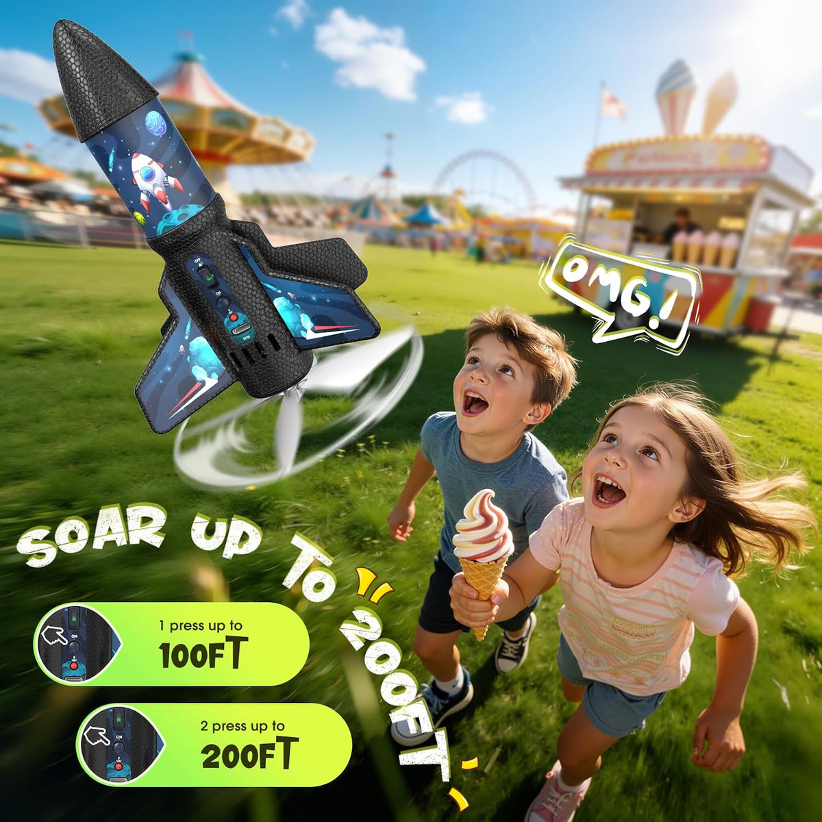 ZeroPhear RK2 Spinner Rocket Launcher for Kids, 200-Foot Self-Launching Rocket Toy with Parachute, LED Light, 2 Launch Modes, Rechargeable STEM Outdoor Toy, Cyan