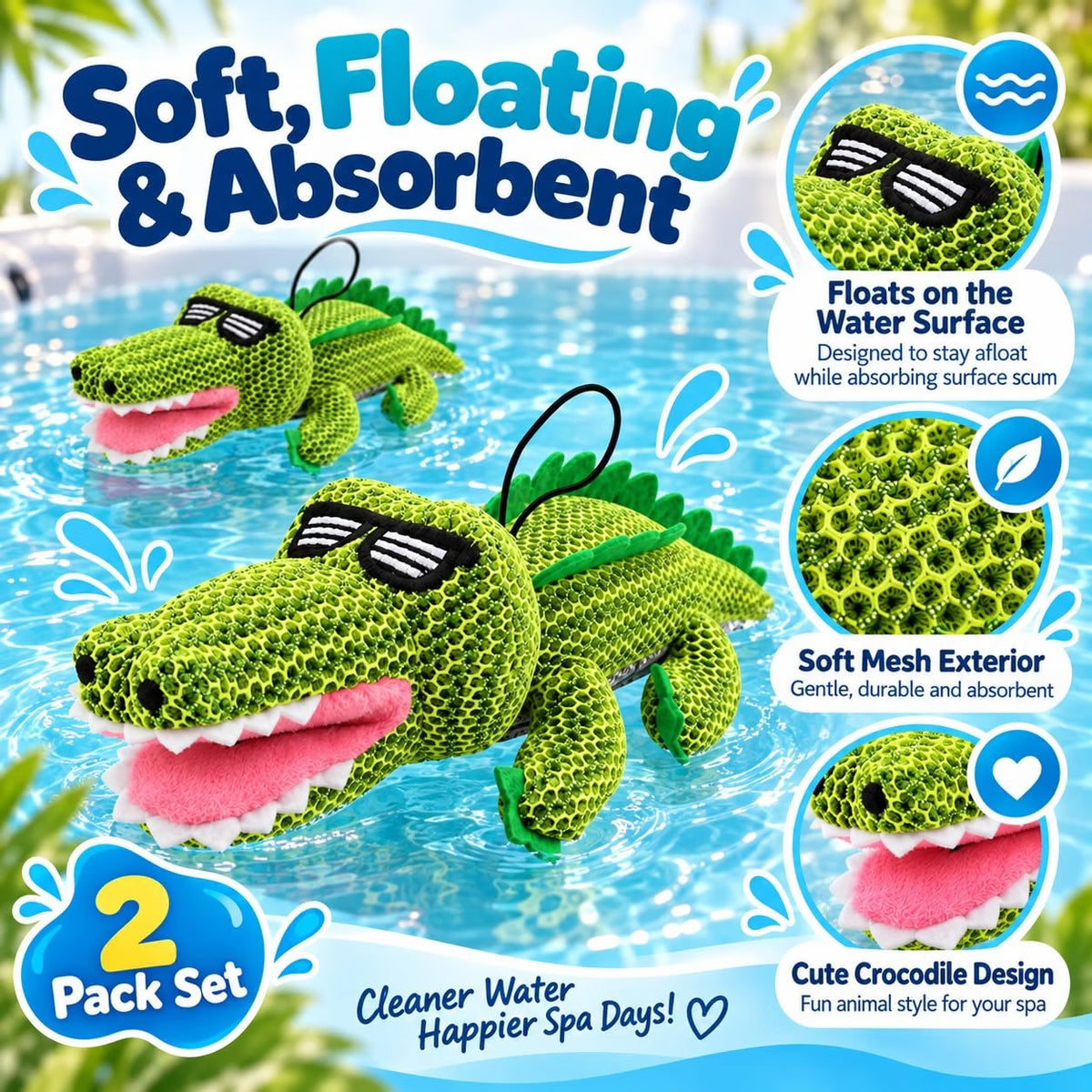 Crocodile Hot Tub Scum Absorber, 2-Pack Reusable Washable Spa Sponge for Oil & Scum Removal, Floating Hot Tub Pool Cleaner with Suction Cup & Rope, Cute Crocodile Design