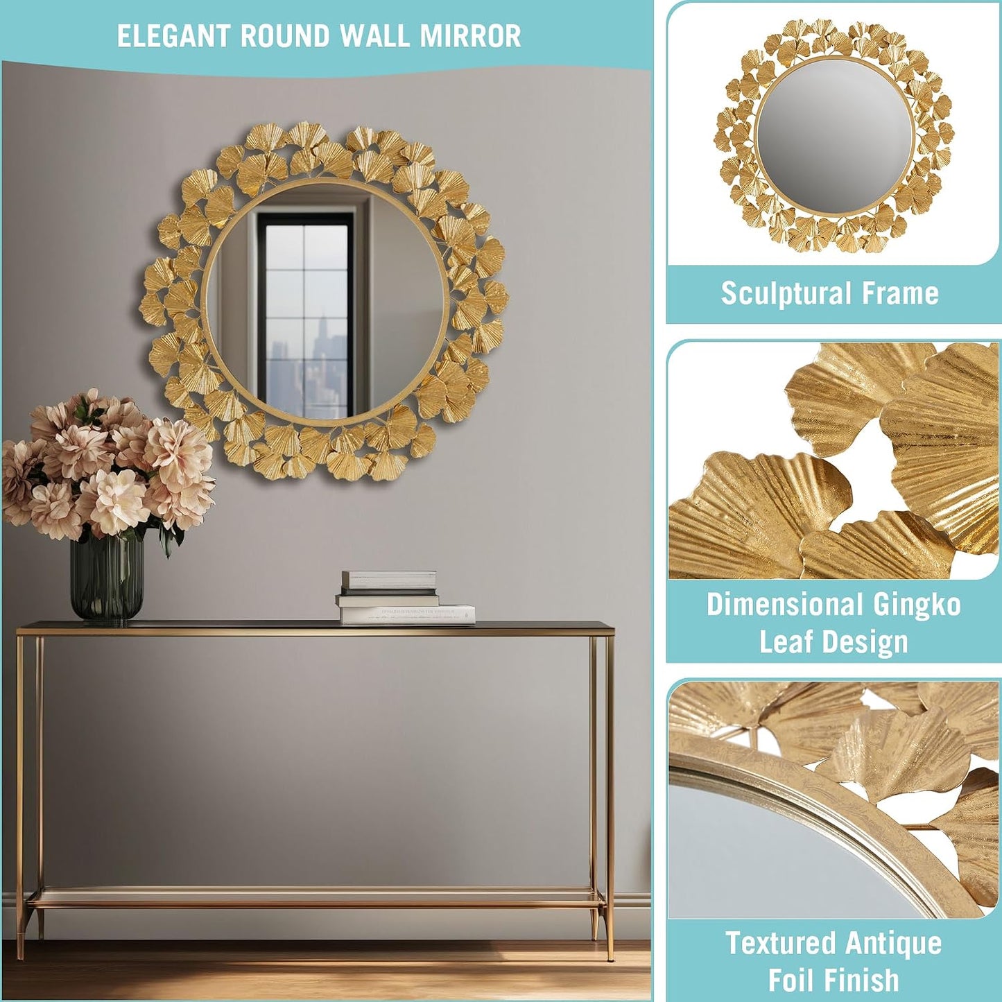 Martha Stewart Wall Décor Large Gingko Leaf Round Wall Mirror for Living Room, Iron Metal Plate Frame Antique Finish, Ready to Hang Bedroom Decoration, Eden, 30.5", Gold