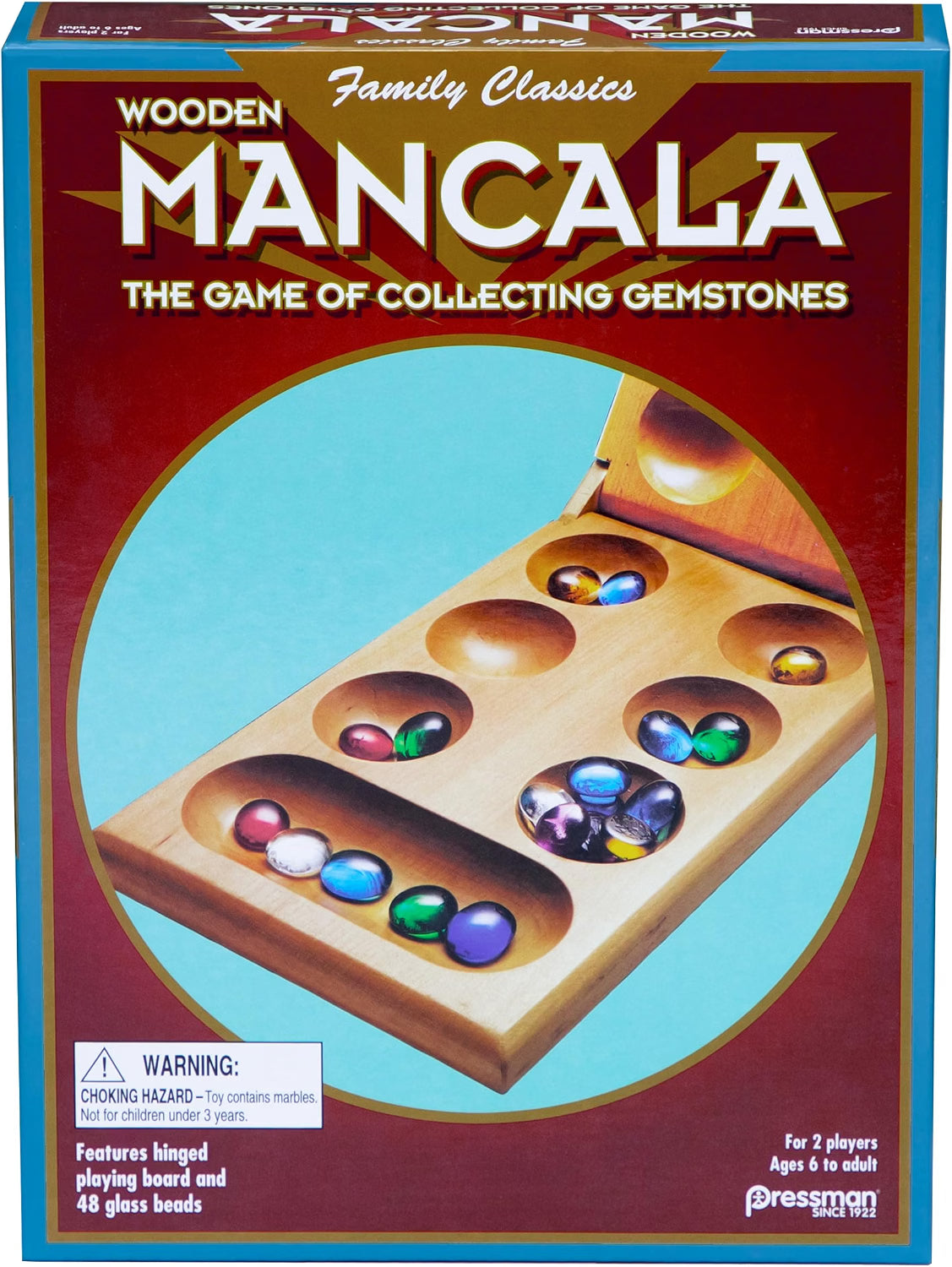Pressman Mancala Board Game, Classic Strategy Game with 48 Glass Stones and Folding Wooden Board, 2-Player Game for Kids & Adults Ages 6+