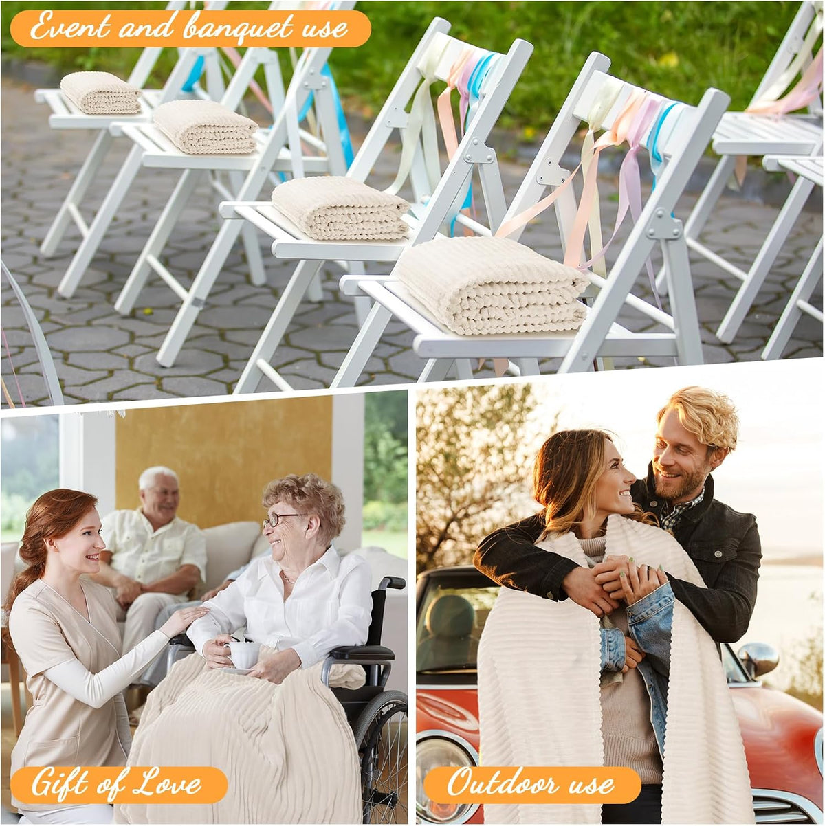 Buryeah 24 Pcs Flannel Blankets Bulk,Fall Outdoor Wedding, Beige Oeko-tex Standard 100 Certified,Outdoor Wedding Blankets, Ribbed Lightweight Texture,Donation Homeless Shelters