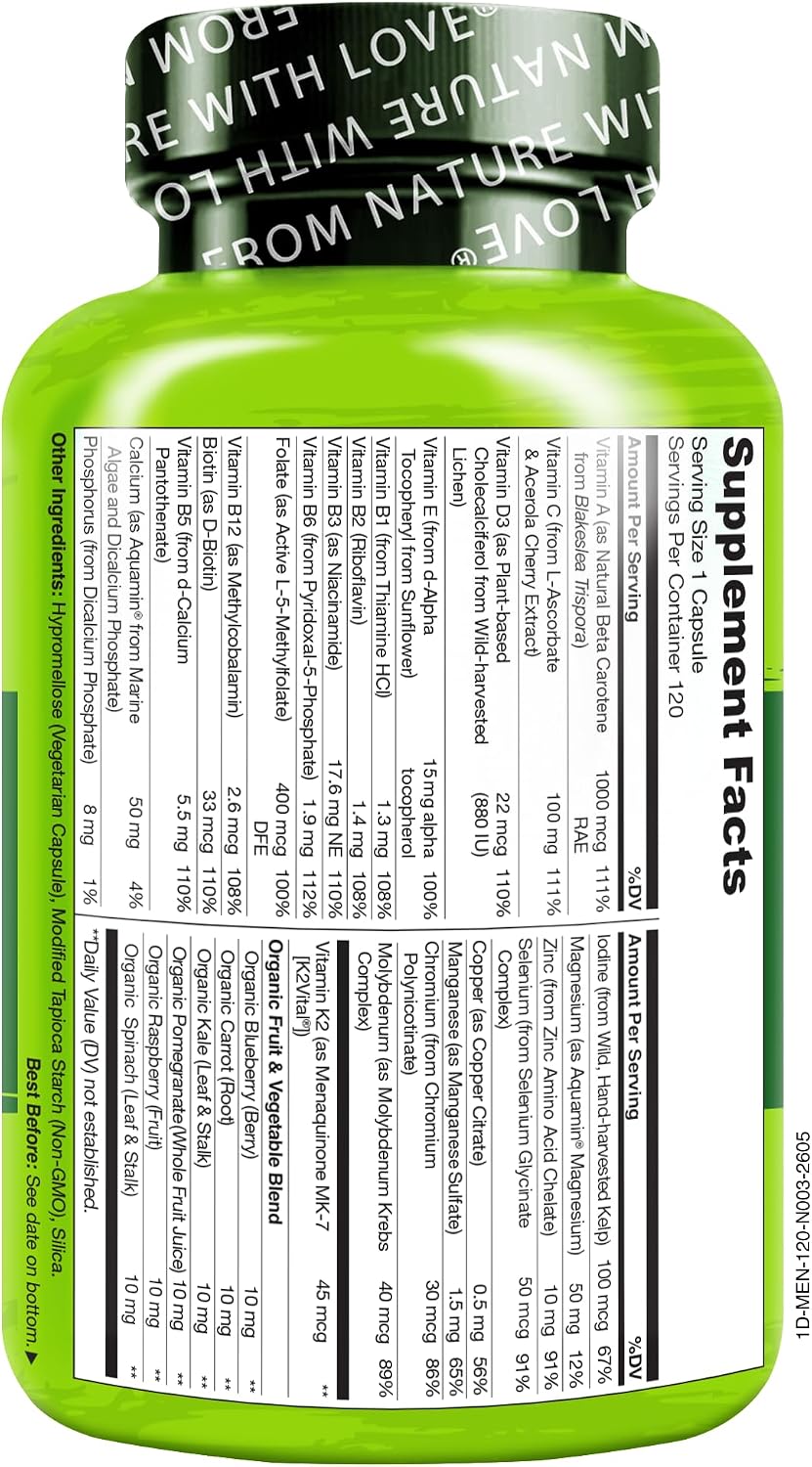 NATURELO Multivitamin for Men - One Daily, 120 Vegetarian Capsules Vitamins, minerals & organic whole foods, non-GMO