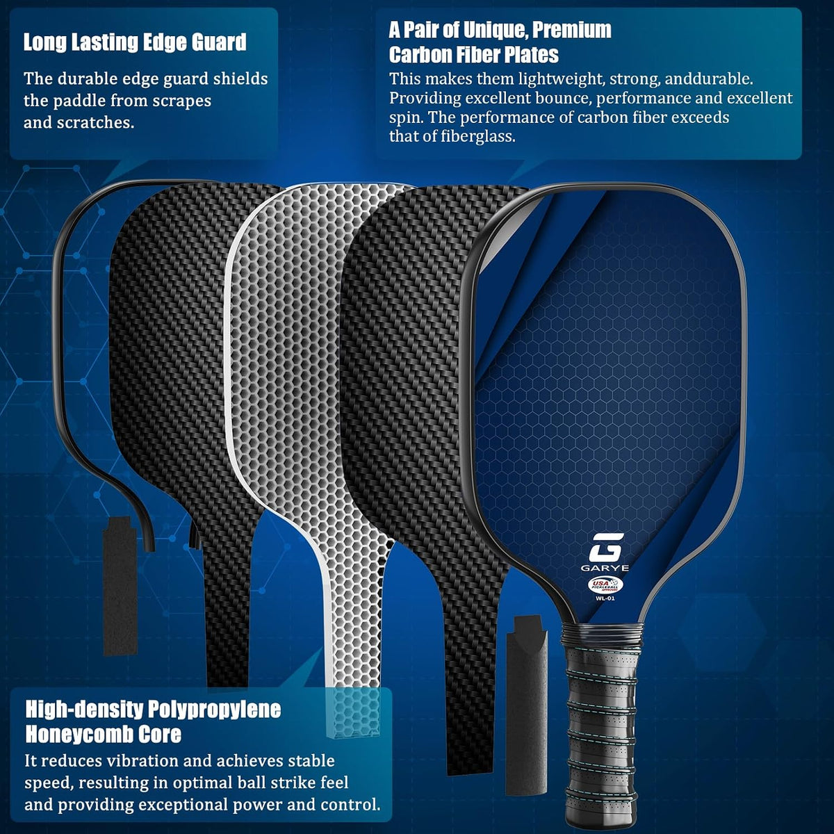 GARYE Pickleball Paddles Set of 4, Carbon Fiber Pickleball Rackets with 6 Balls, Bag & 4 Grip Tapes, USAPA-Approved Lightweight Paddle Set for Adults & Teens