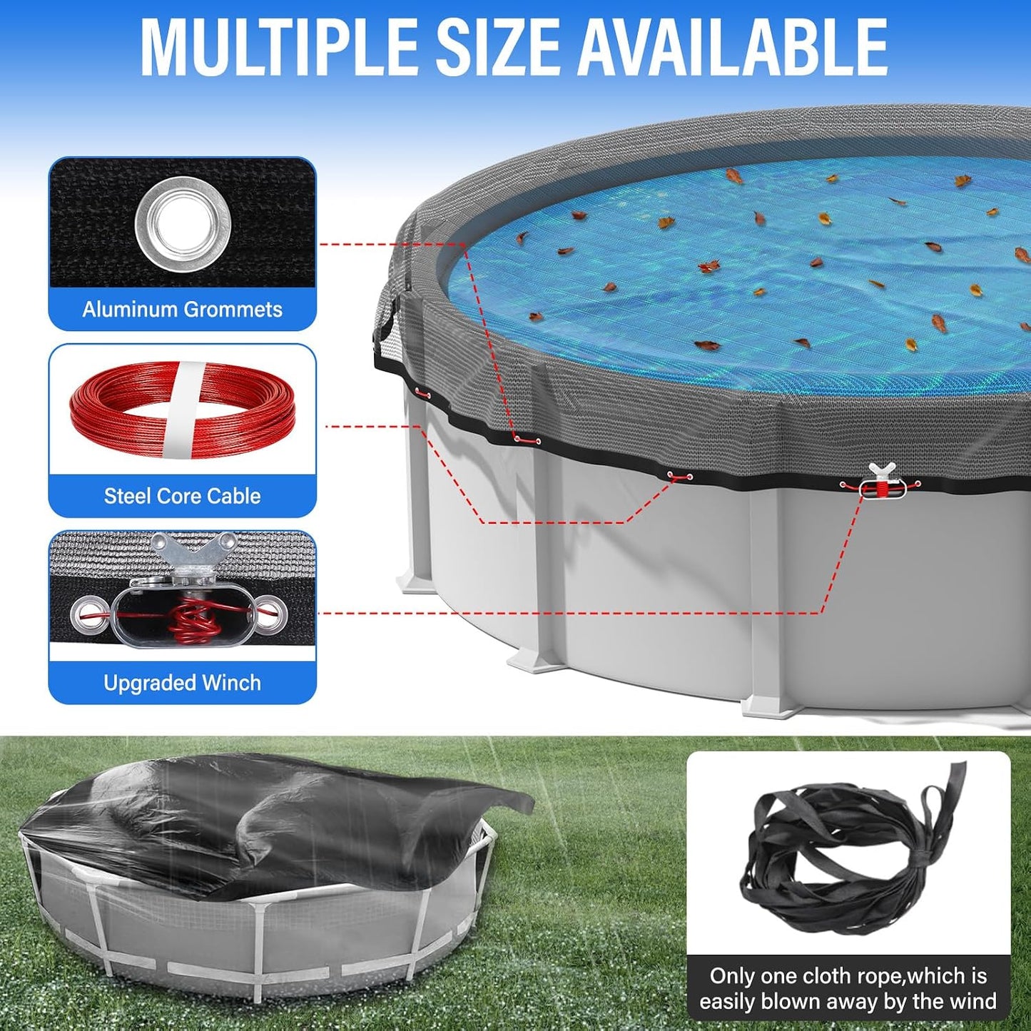 24FT Pool Leaf Net Cover for Above Ground Pool, 28FT Round Pool Net Cover with Reinforced Mesh, Winch & Steel-Core Cable, Heavy-Duty Leaf Cover, Black