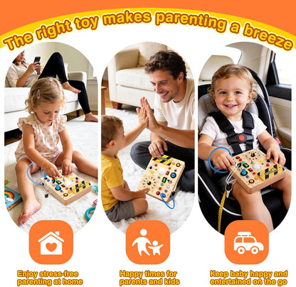 Grarain Montessori Busy Board for Toddlers Ages 1-3, Interactive Wooden Sensory Activity Board with 23 LED Lights, Clock & Alphabet Learning Toy, Travel-Friendly Educational Toy