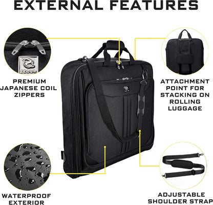 ZEGUR Premium Travel Garment Bag, Carry-On Suit Bag for Men & Women, 3-Suit Capacity with Shoe Pocket, Laptop Sleeve & Shoulder Strap, 1800D Polyester, Black