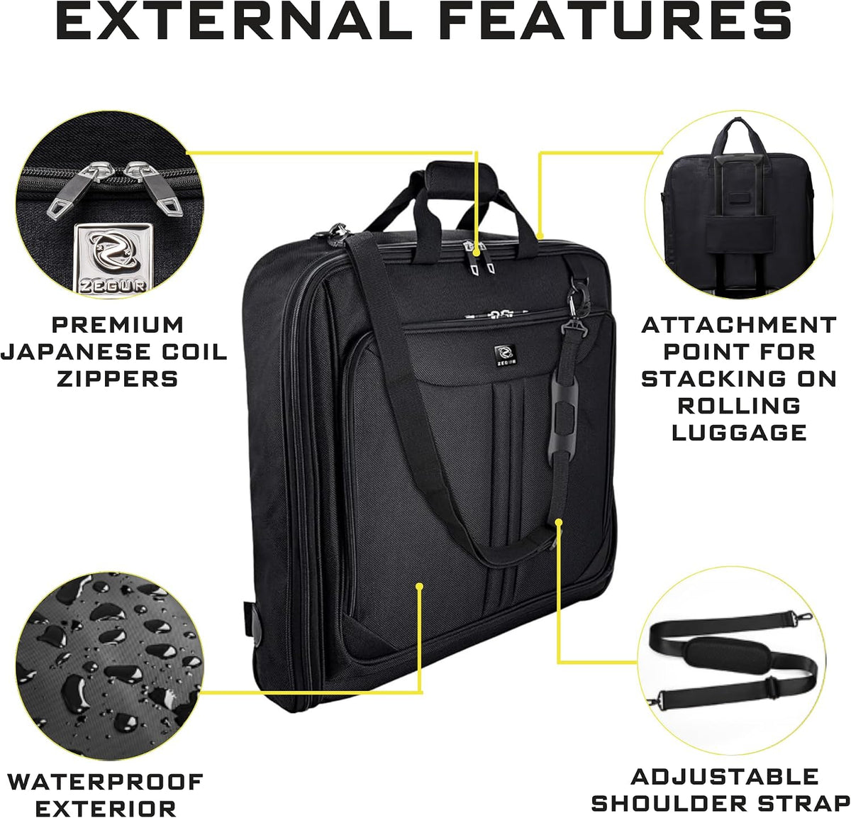 ZEGUR Premium Travel Garment Bag | Carry-On Suit & Dress Bag with Shoulder Strap, Laptop Sleeve & Shoe Pocket