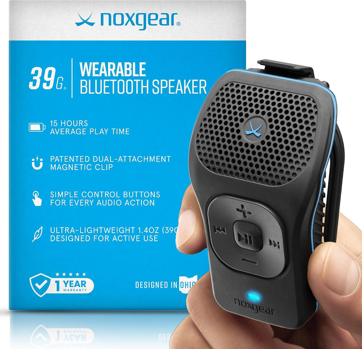 noxgear 39g Wearable Bluetooth Speaker | Mini Magnetic Clip-On Speaker with IPX7 Waterproof Design & 15-Hour Battery