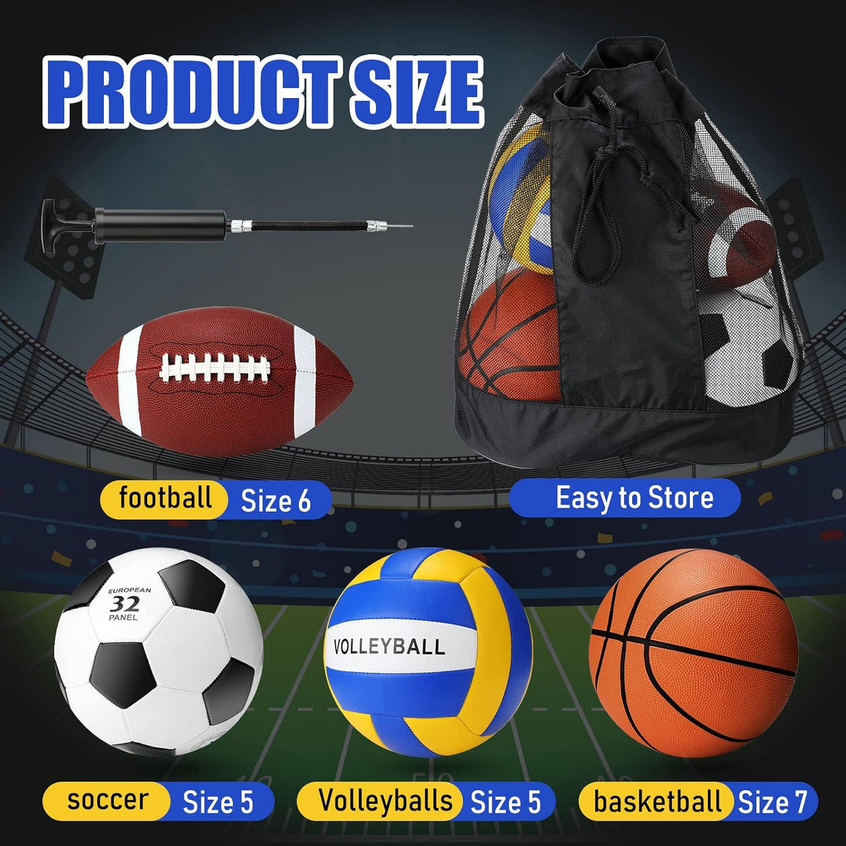 Jerify 4-Piece Sports Ball Set, Soccer Ball, Football, Basketball & Volleyball with Pump, Needle, Extension Tube & Carrying Bag, Official Size for Youth & Family Indoor Outdoor Play