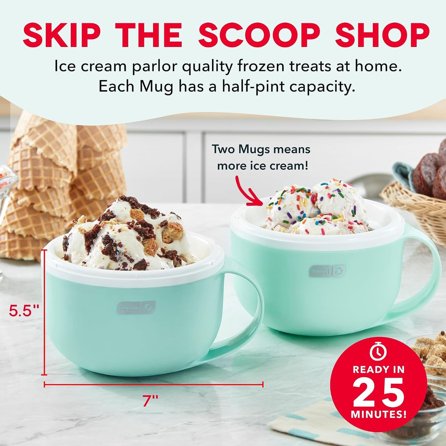 Dash My Mug Ice Cream Maker Bundle, 2 Half-Pint Freezer Mugs, Aqua Electric Soft Serve Ice Cream Machine Set, Ingredient Chute, Single Serve Freezer Bowls, Countertop Frozen Treat Maker