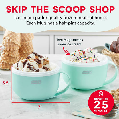 Dash My Mug Ice Cream Maker Bundle, 2 Half-Pint Freezer Mugs, Aqua Electric Soft Serve Ice Cream Machine Set, Ingredient Chute, Single Serve Freezer Bowls, Countertop Frozen Treat Maker