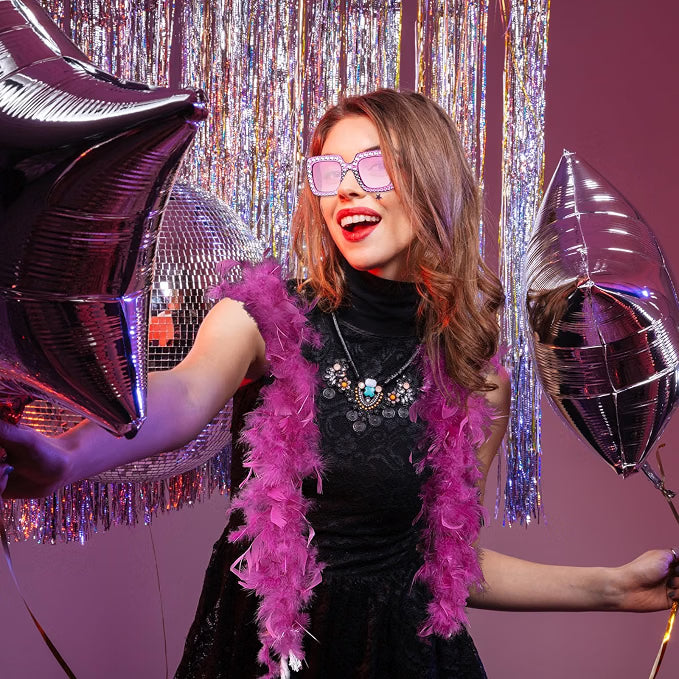 Canlierr 60g 6.6 FT Colorful Feather Boas Pack with Matching Square Sunglasses, 4-Piece Turkey Feather Party Scarves for Adults, Dancing, Costumes & Celebrations