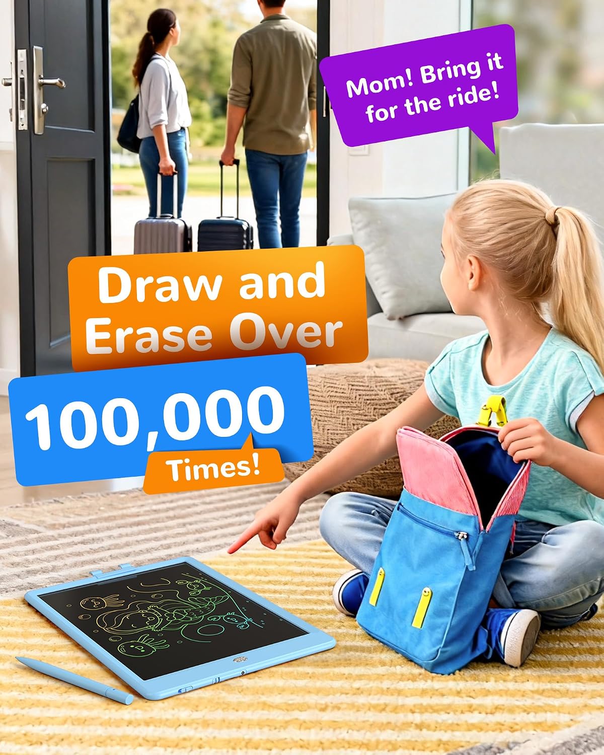 KOKODI LCD Writing Tablet for Kids, 10-Inch Colorful Doodle Board, Reusable Electronic Drawing & Writing Tablet for Boys & Girls Ages 3–5, Blue
