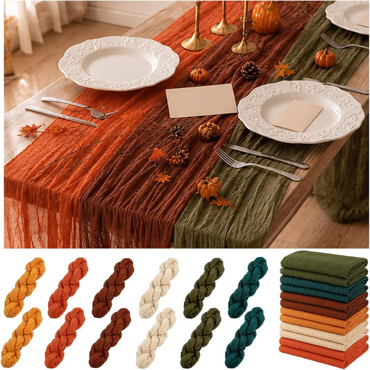 12 Pack Fall Thanksgiving Cheesecloth Table Runner 35" x 72" Autumn Table Runner for Baby Bridal Shower Friendsgiving Party Home Centerpiece Decor, 6 Color